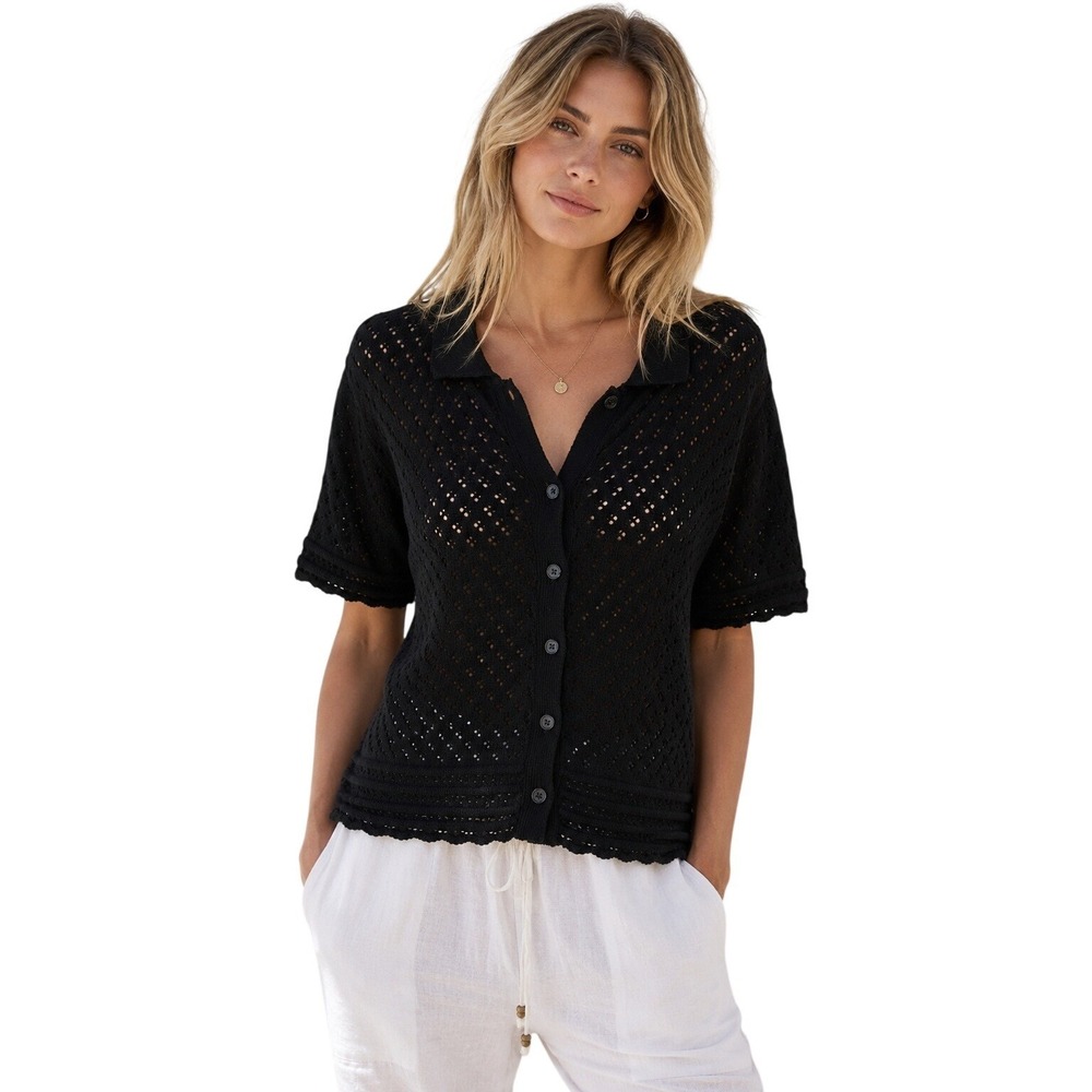 Joie XL Black Pointelle Knit Cotton Cardigan Sweater Top Short Sleeve Collared